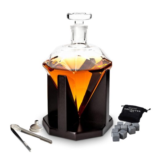 Diamond-shaped Carafe with Base in Red Oak Including Whiskey Stones and Ice Tong - Image 2