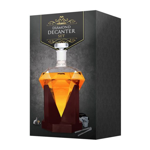 Diamond-shaped Carafe with Base in Red Oak Including Whiskey Stones and Ice Tong - Image 3