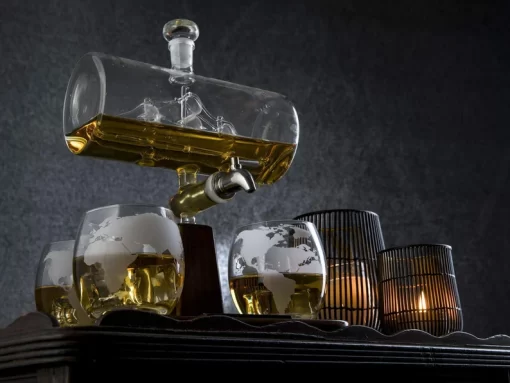 Whiskey Decanter with Antique Ship - Decanter Set with 4 Globe Glasses - Image 3