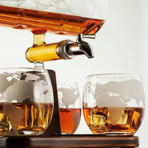 Whiskey Decanter with Antique Ship - Decanter Set with 4 Globe Glasses - Image 4