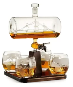Whiskey Decanter with Antique Ship - Decanter Set with 4 Globe Glasses