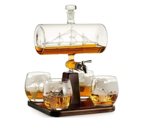 Whiskey Decanter with Antique Ship - Decanter Set with 4 Globe Glasses