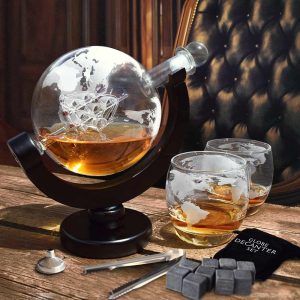 GLOBE DECANTER SET Including Whiskey Stones and Ice Tongs
