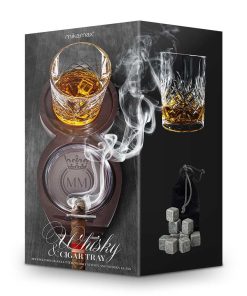 WHISKEY & CIGAR TRAY including glass & whiskey stones