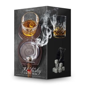 WHISKEY & CIGAR TRAY including glass & whiskey stones