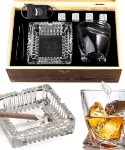 WHISKEY & CIGAR GIFT SET with Cigar Holder Glass, Stones, Tongs, Cigar Cutter & Ashtray